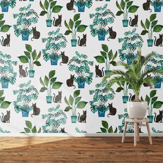 Wasserfarbe Schwarze Katze Monstera Tapete (Black cat with monstera houseplants watercolor  art wallpaper)