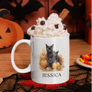 Wasserfarbe Schwarze Katze und Kätzchen Pumpkin Kaffeetasse