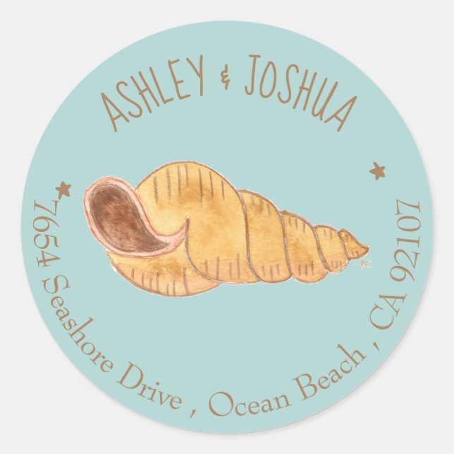 Wasserfarbe Seashell Blue Rücksendeadresse Sticker (Vorderseite)