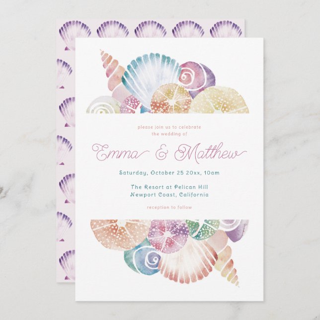 Wasserfarbe Seashell und Meerjungfrau-inspiriert H Einladung (Vorne/Hinten)