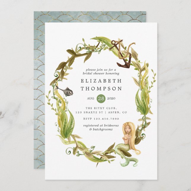 Wasserfarbe Seealgen Meerjungfrau Brautparty Einladung (Vorne/Hinten)