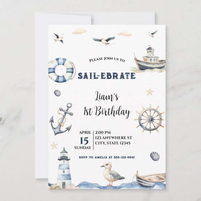 Wasserfarbe Seeschiff Ebrate Sailboat Geburtstag Einladung (Vorderseite)
