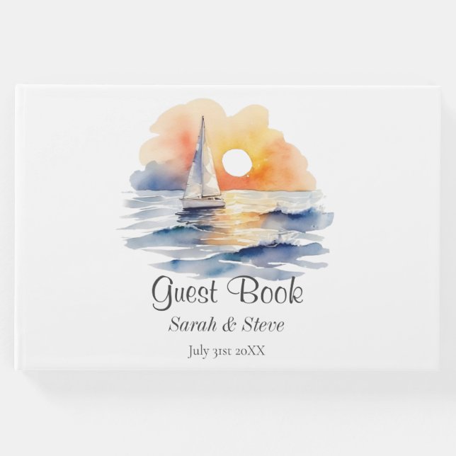 Wasserfarbe Segelboot Sonnenuntergang Seascape Hoc Gästebuch (Vorderseite)