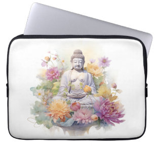 Wasserfarbe Serene Buddha Rosa Gelbe Blumen Kunst, Laptopschutzhülle