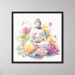 Wasserfarbe Serene Buddha Rosa Gelbe Blumen Kunst, Leinwanddruck