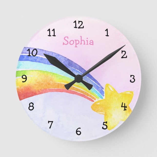 Wasserfarbe Shooting Star Rainbow Girl Kinderzimme Runde Wanduhr (Vorderseite)