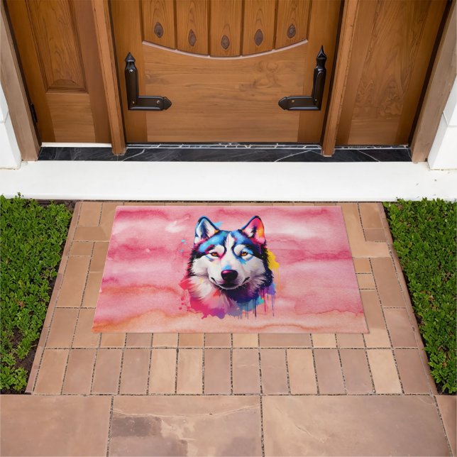 Wasserfarbe Sibirische Husky Farben Kunst Fußmatte (Außenbereich)