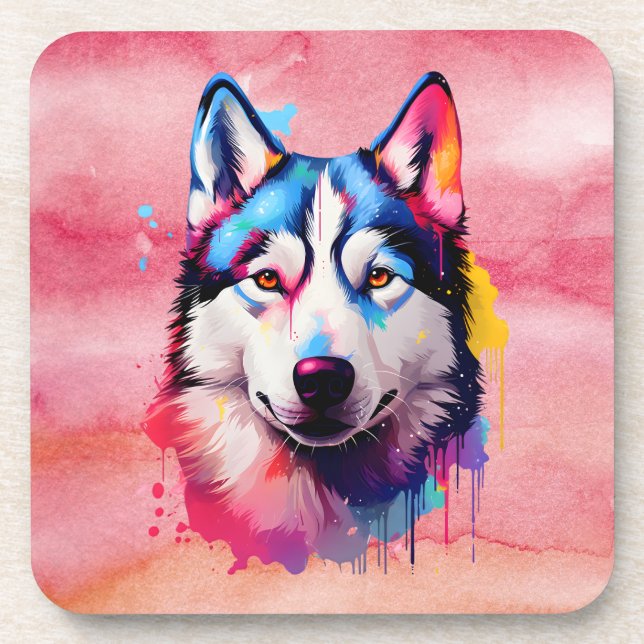 Wasserfarbe Sibirische Husky Farben Kunst Getränkeuntersetzer (Vorderseite)