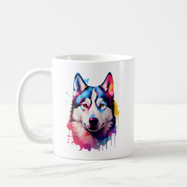 Wasserfarbe Sibirische Husky Farben Kunst Kaffeetasse (Links)