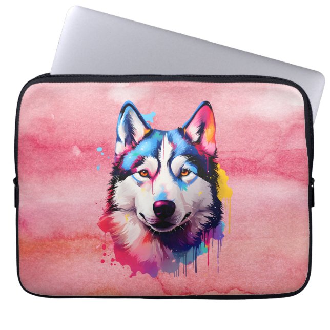Wasserfarbe Sibirische Husky Farben Kunst Laptopschutzhülle (Vorderseite)