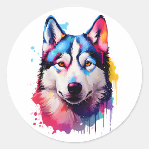 Wasserfarbe Sibirische Husky Farben Kunst Runder Aufkleber