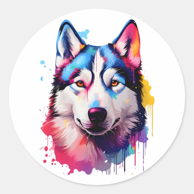 Wasserfarbe Sibirische Husky Farben Kunst Runder Aufkleber (Vorderseite)