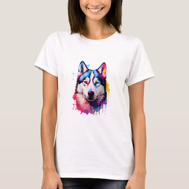 Wasserfarbe Sibirische Husky Farben Kunst T-Shirt (Vorderseite)