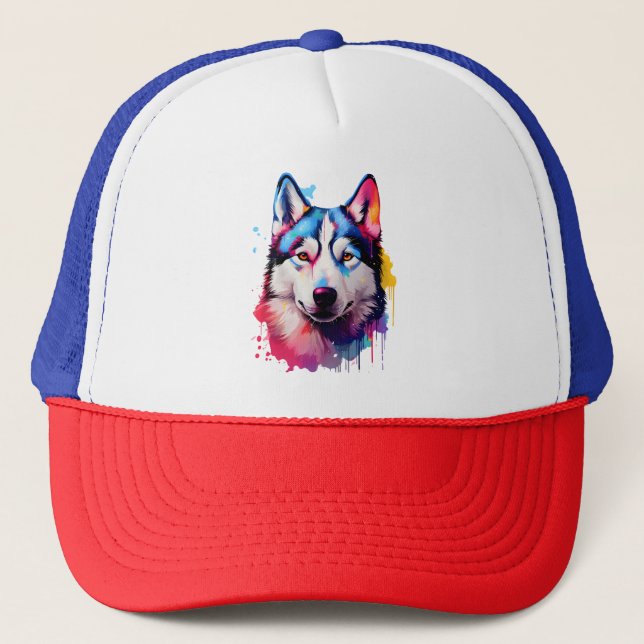 Wasserfarbe Sibirische Husky Farben Kunst Truckerkappe (Vorderseite)