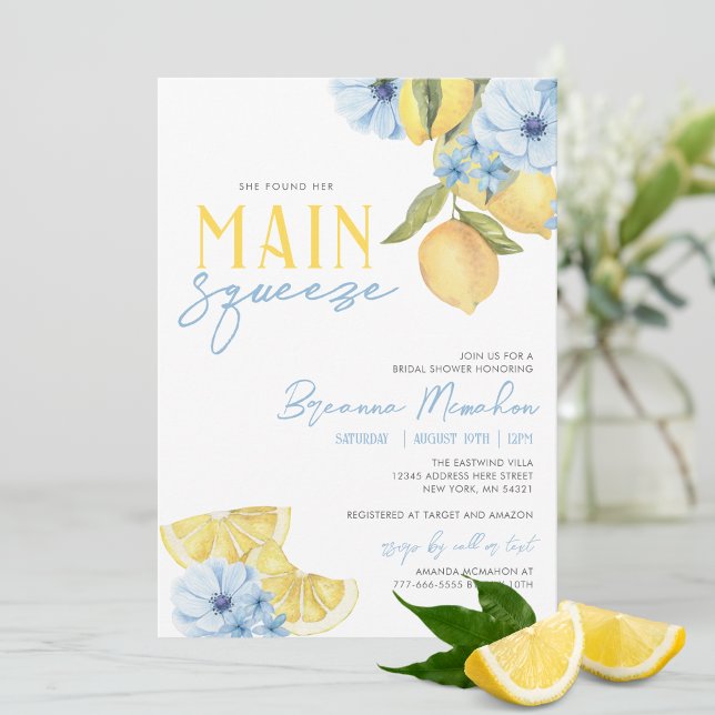 Wasserfarbe sie fand ihre Hauptpresse Lemon Bridal Einladung (Trendy Watercolor She Found Her Main Squeeze Lemon Bridal Invitations with Adorable Blue Flowers)