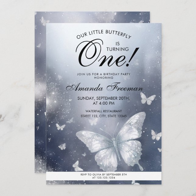 Wasserfarbe Silber Glitzer Schmetterling 1. Geburt Einladung (Vorne/Hinten)