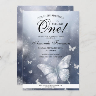 Wasserfarbe Silber Glitzer Schmetterling 1. Geburt Einladung