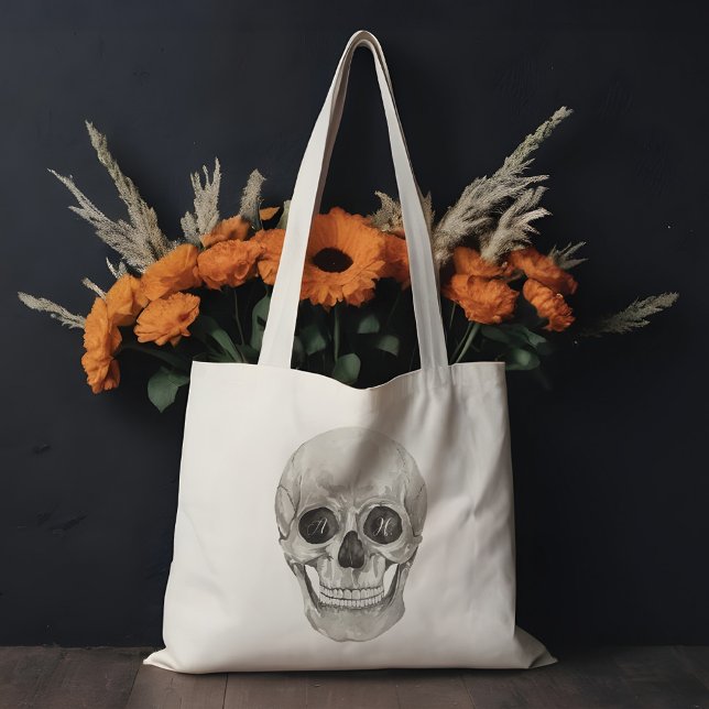 Wasserfarbe Skelett Kopf Gothic Custom Monogram Tragetasche (Watercolor Skeleton Head Gothic Custom Monogram Tote Bag)