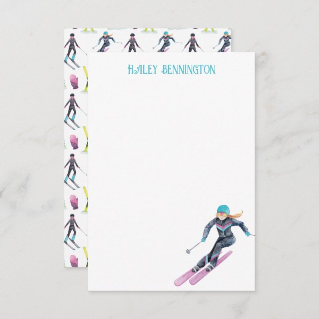 Wasserfarbe Skifahren Personalisiert Dankeskarte (Vorne/Hinten)