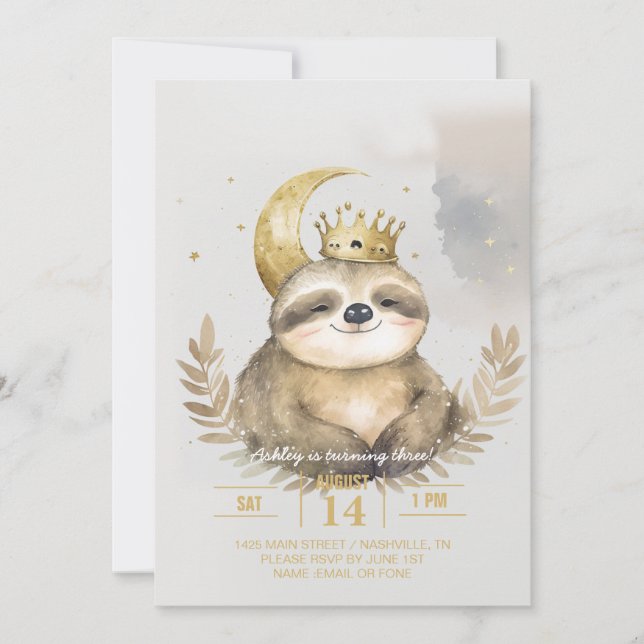 Wasserfarbe Sloth Moon Crown Einladung (Vorderseite)