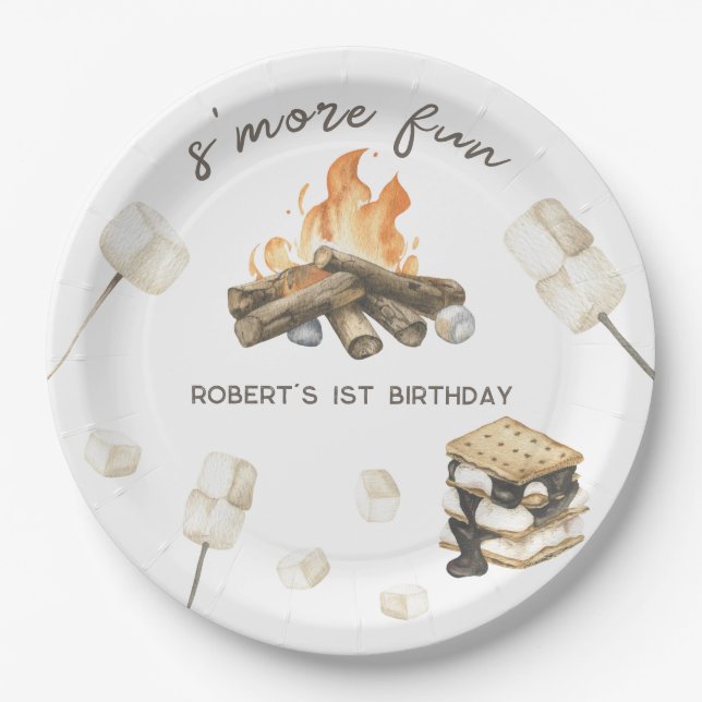 Wasserfarbe S'more Campfire 1. Geburtstag Pappteller (Vorderseite)