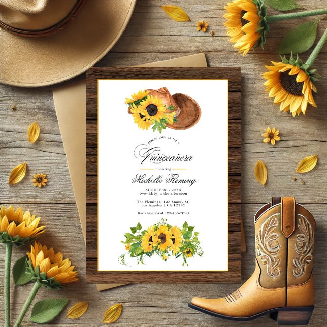 Wasserfarbe Sonnenblume Rustikaler Western Quincea Einladung (Watercolor Sunflower Rustic Western Quinceañera Invitation)