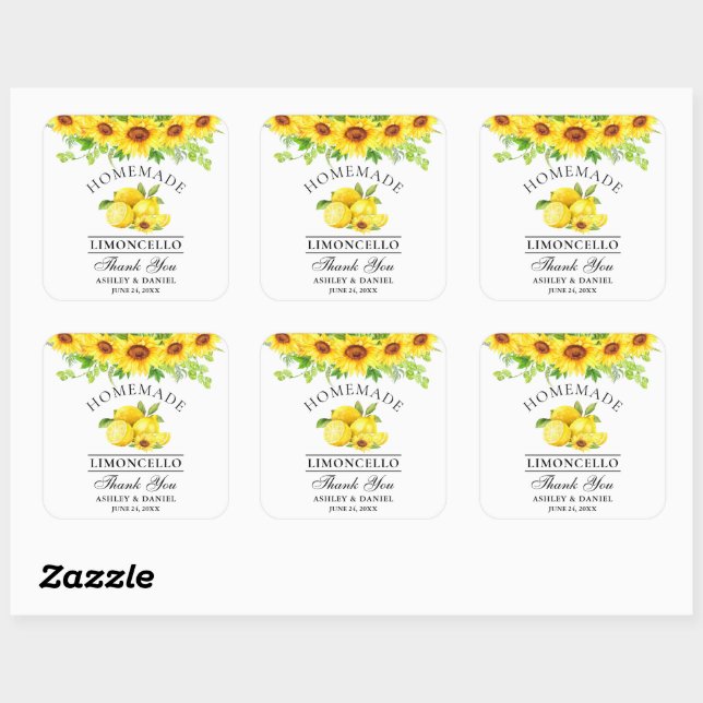 Wasserfarbe Sonnenblumen Lemons Limoncello Hochzei Quadratischer Aufkleber (Blatt)