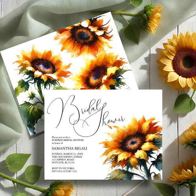 Wasserfarbe Sonnenblumen Sommergebirge Brautparty Ankündigungspostkarte (Sunflower bridal shower invitations summer fall design by Victoria Grigaliunas VG Invites)