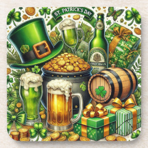 Wasserfarbe St Patrick's Day Beer, Coins & Kleebla Getränkeuntersetzer