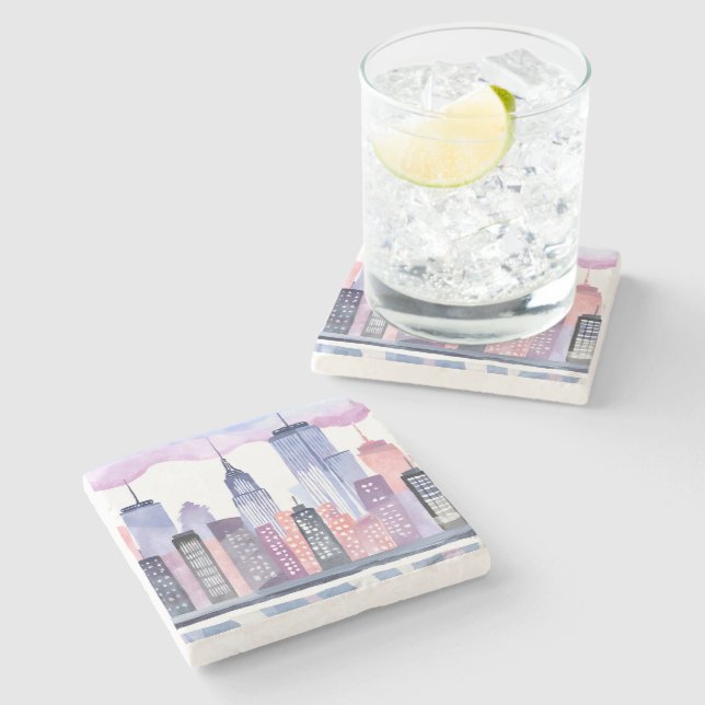 Wasserfarbe Stadt Skyline Steinuntersetzer (Seitenansicht)