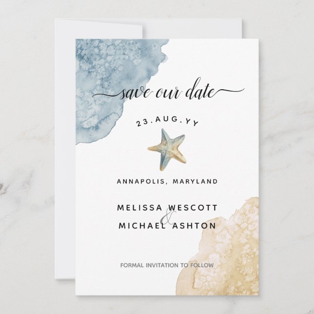Wasserfarbe Starfish Beach Dusty Blue Wedding Save The Date (Vorderseite)