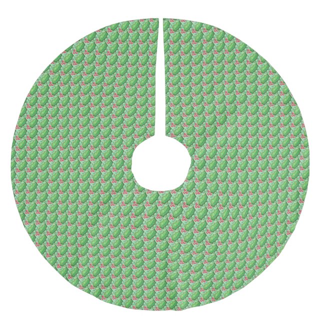 Wasserfarbe-Stechpalmen-Beeren-Weihnachtsmuster Polyester Weihnachtsbaumdecke (Vorderseite)