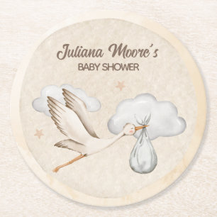 Wasserfarbe Stork Baby Dusche Runder Pappuntersetzer
