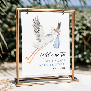 Wasserfarbe Stork Blue Boy Baby Dusche Willkommen Poster