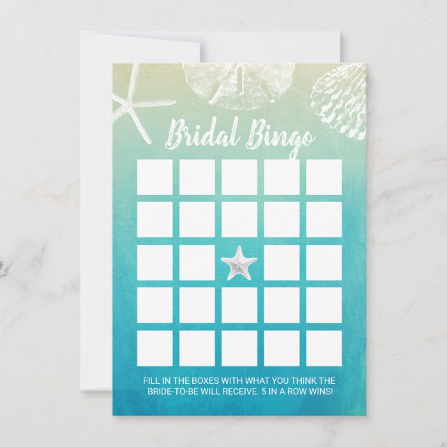 Wasserfarbe Strand Seashells Bridal Bingo Spiel (Vorderseite)