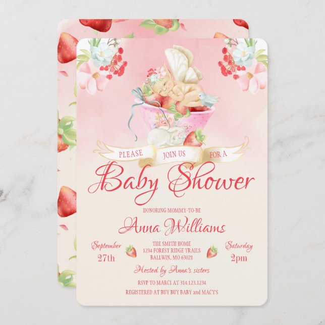 Wasserfarbe Strawberry Baby Fairy Baby Dusche Einladung (Vorne/Hinten)