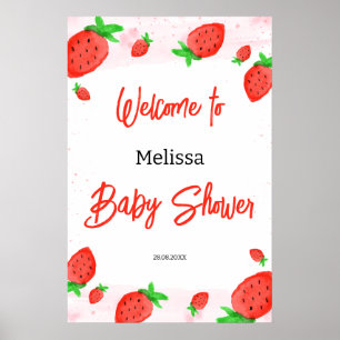 Wasserfarbe Strawberry Girl Babydusche Willkommen Poster