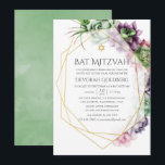 Wasserfarbe Sukkulente geometrische Bat Mitzvah Einladung<br><div class="desc">Trendy Sukkulente Hochzeitfledermaus Mitzvah mit goldenem geometrischem Rahmen und Salbeigrün Wasserfarbe Waschrückwärts.</div>