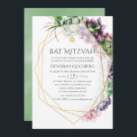 Wasserfarbe Sukkulente geometrische Bat Mitzvah Einladung<br><div class="desc">Trendy Sukkulente Hochzeitfledermaus Mitzvah mit goldenem geometrischem Rahmen und Salbeigrün Wasserfarbe Waschrückwärts.</div>