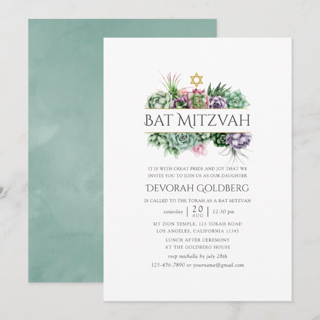 Wasserfarbe Sukkulente geometrische Bat Mitzvah Einladung (Vorne/Hinten)