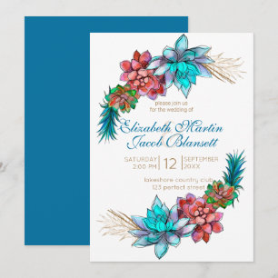 Wasserfarbe Sukkulente, tiefe aquamarine Hochzeit Einladung