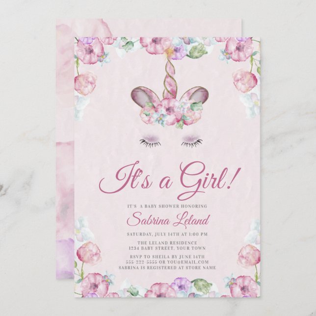 Wasserfarbe Süße Einhorn Es ist eine Girl Baby Dus Einladung (Vorne/Hinten)