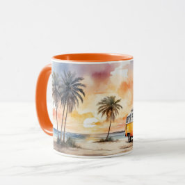 Wasserfarbe Sweet Sunset Beach und Vintage Bus-Tas Tasse
