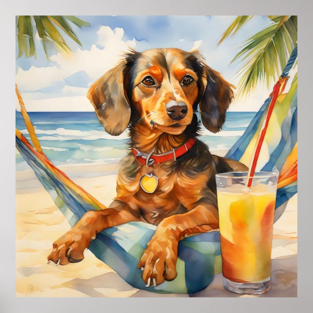 Wasserfarbe Teckel Dog Drinken Piña Colada Strand Poster (Vorne)