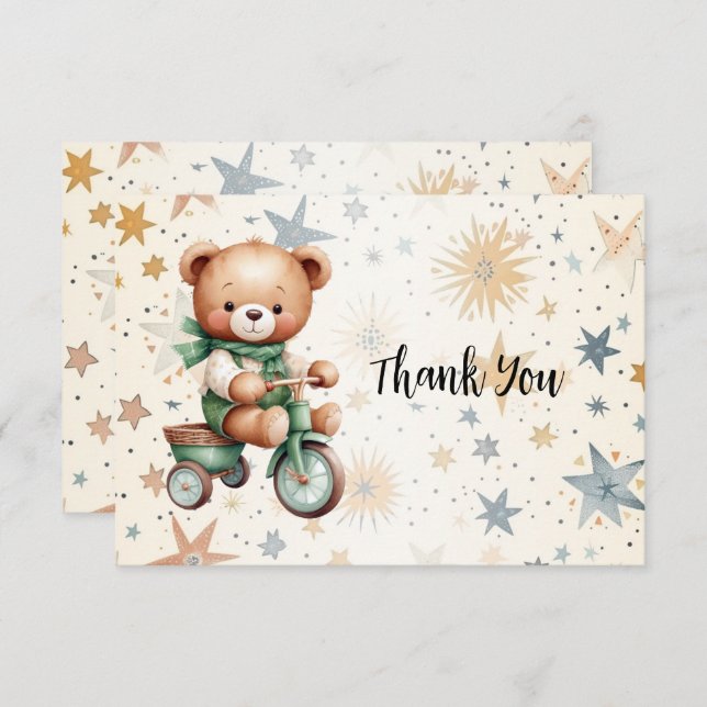 Wasserfarbe Teddy Bären Sterne Green Bike Party Dankeskarte (Vorne/Hinten)