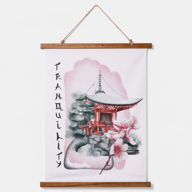 Wasserfarbe Temple Red Bridge Japanisch Wandteppich Mit Holzrahmen (Vorderseite)