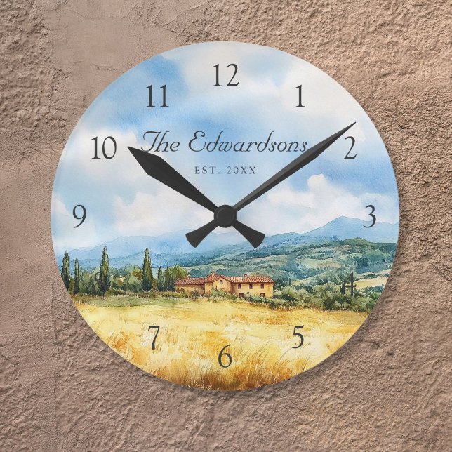 Wasserfarbe Toskana Name Mittelmeer Runde Wanduhr (Watercolor Tuscan Mediterranean Family Name Round Clock)