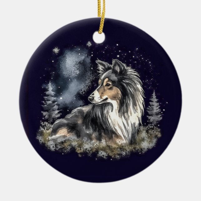 Wasserfarbe Tricolor Sheltie Weihnachten Keramik Ornament (Vorne)
