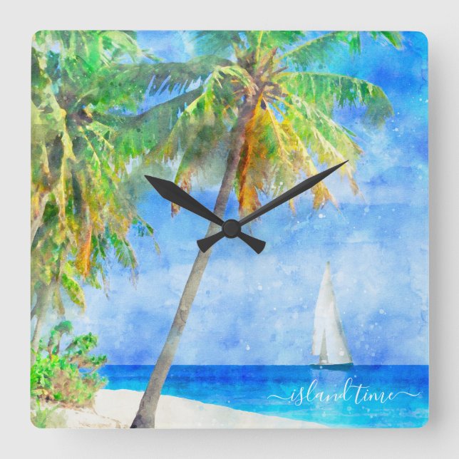 Wasserfarbe Tropical Island Beach Palm Tree Quadratische Wanduhr (Vorderseite)