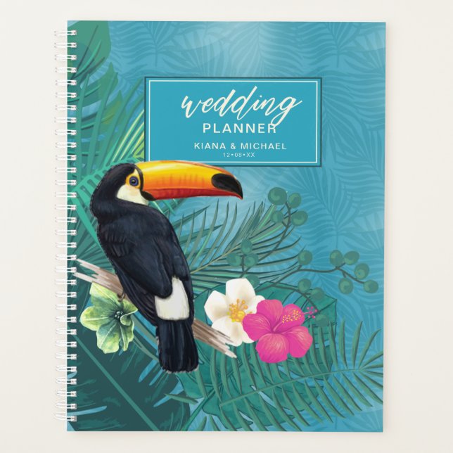 Wasserfarbe Tropisch mit Toucan Hochzeit Aquamarin Planer (Vorderseite)